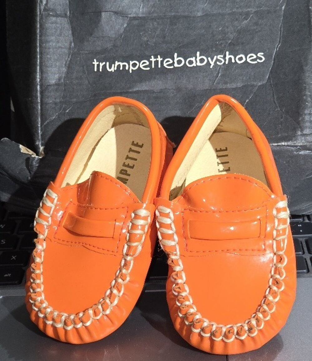 Vtg Trumpette Baby Loafers Orange Patent Veeg Leather Sz 3 New In Damaged Box